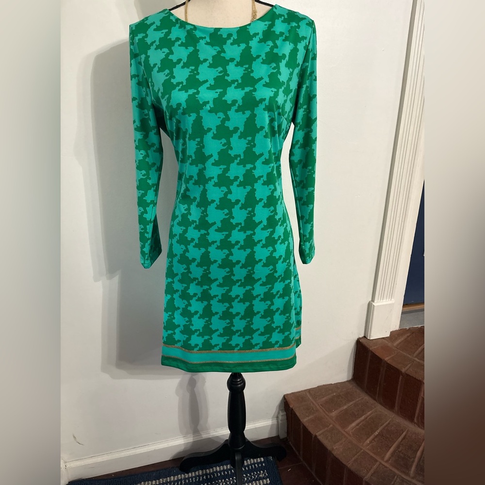 Julie Brown NYC Green Houndstooth Knit Long Sleeve Shift Dress Size Large - Picture 1 of 6